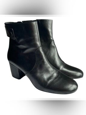 Nine West Black Leather Ankle Boots Block Heel Zip Booties Women’s Size 8.5